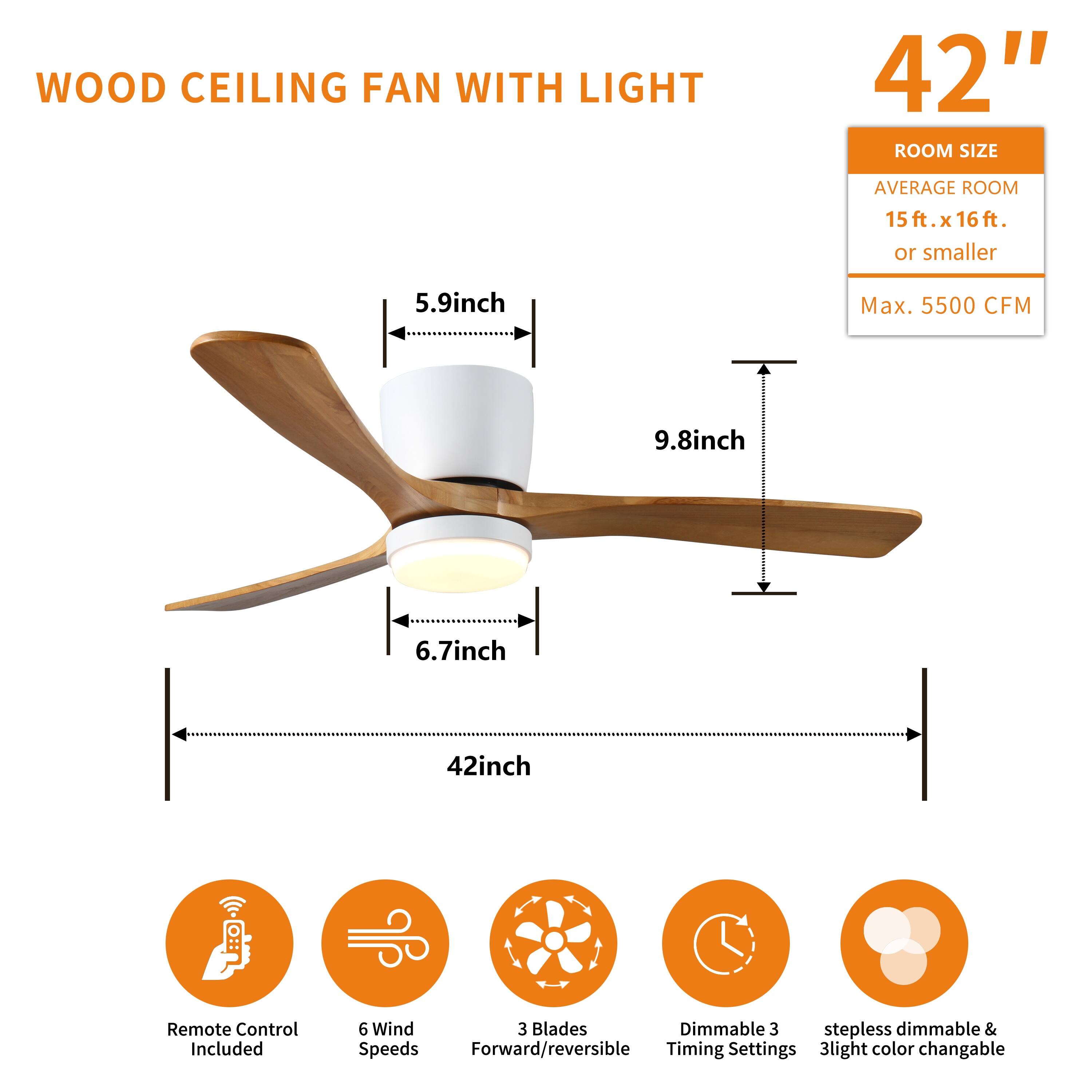 Alt View 5. Dexmalle - Dexmalle-42 inch Wood Ceiling Fans with Lights and Remote-Wood.