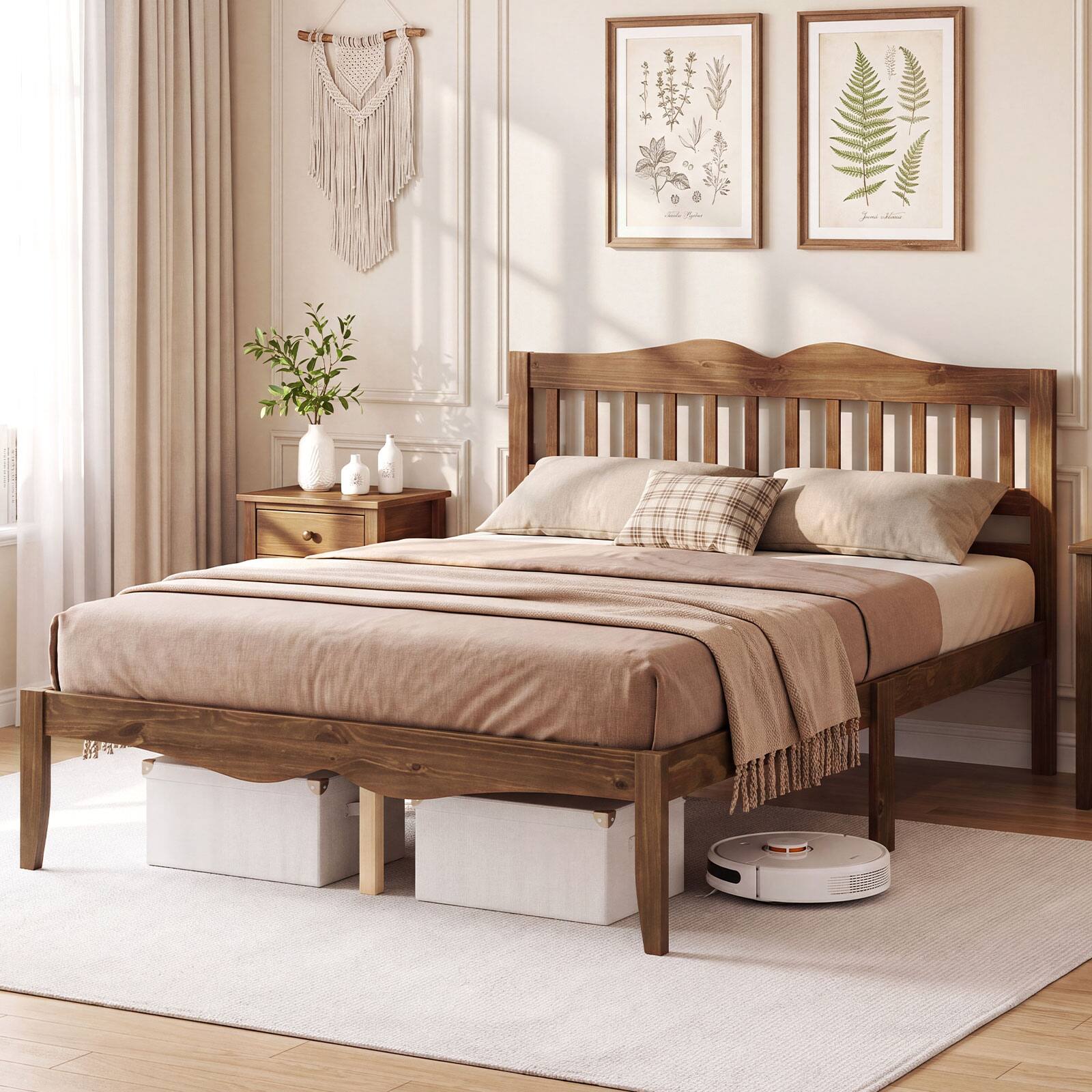 Alt View 3. Costway - Costway Full Size Platform Bed with Headboard, Solid Wood Frame, Sturdy Wood Slat Support - Walnut.