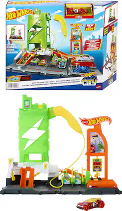 Mattel - Hot Wheels City Super Recharge Fuel Station with 1:64 Scale Toy Car - Collectibles - Multicolor