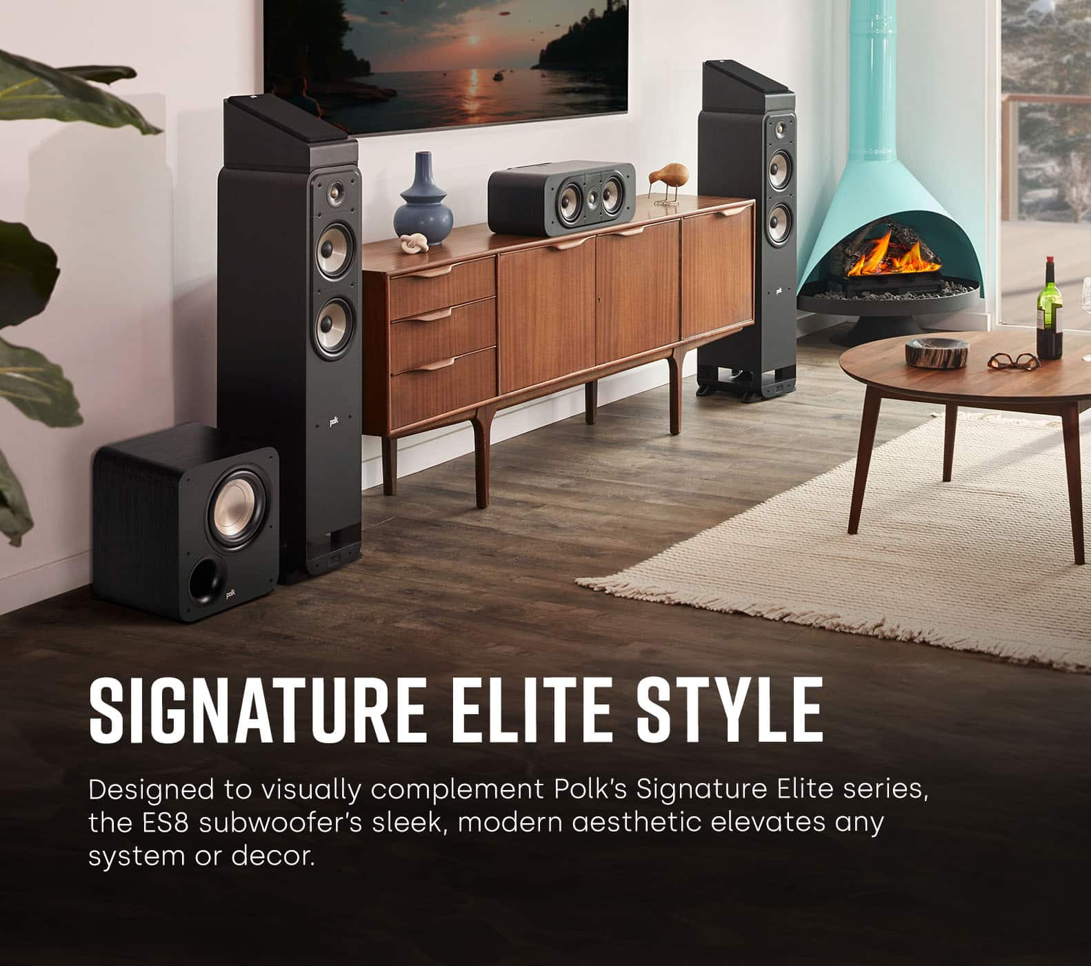 Designed to visually complement Polk's Signature Elite series, the ES8 subwoofer's sleek, modern aesthetic elevates any system or decor.
