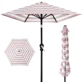 Best Choice Products - 10ft Outdoor Steel Market Patio Umbrella w/ Crank, Tilt Push Button, 6 Ribs - Striped Burgundy