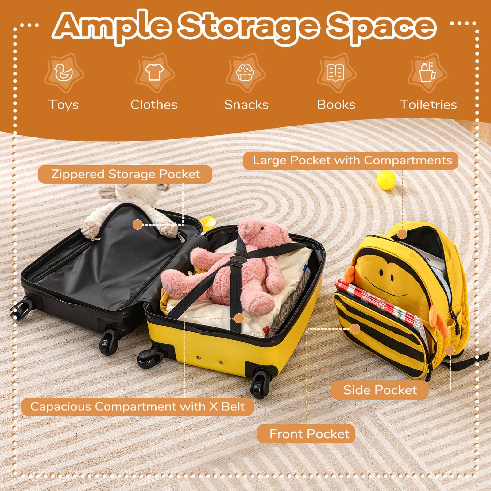 Ample Storage Space

Toys  
Clothes  
Snacks  
Books  
Toiletries  

Zippered Storage Pocket  
Large Pocket with Compartments  
Capacious Compartment with X Belt  
Side Pocket  
Front Pocket