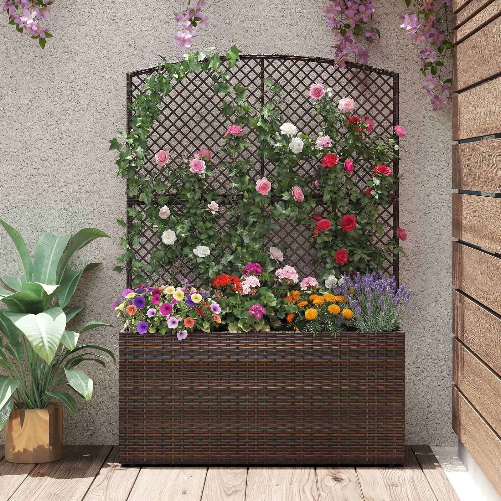 Alt View 1. Costway - Costway 1 PCS 58" Raised Garden Bed with Trellis, Wicker Planter Box with Privacy Screen - Brown.