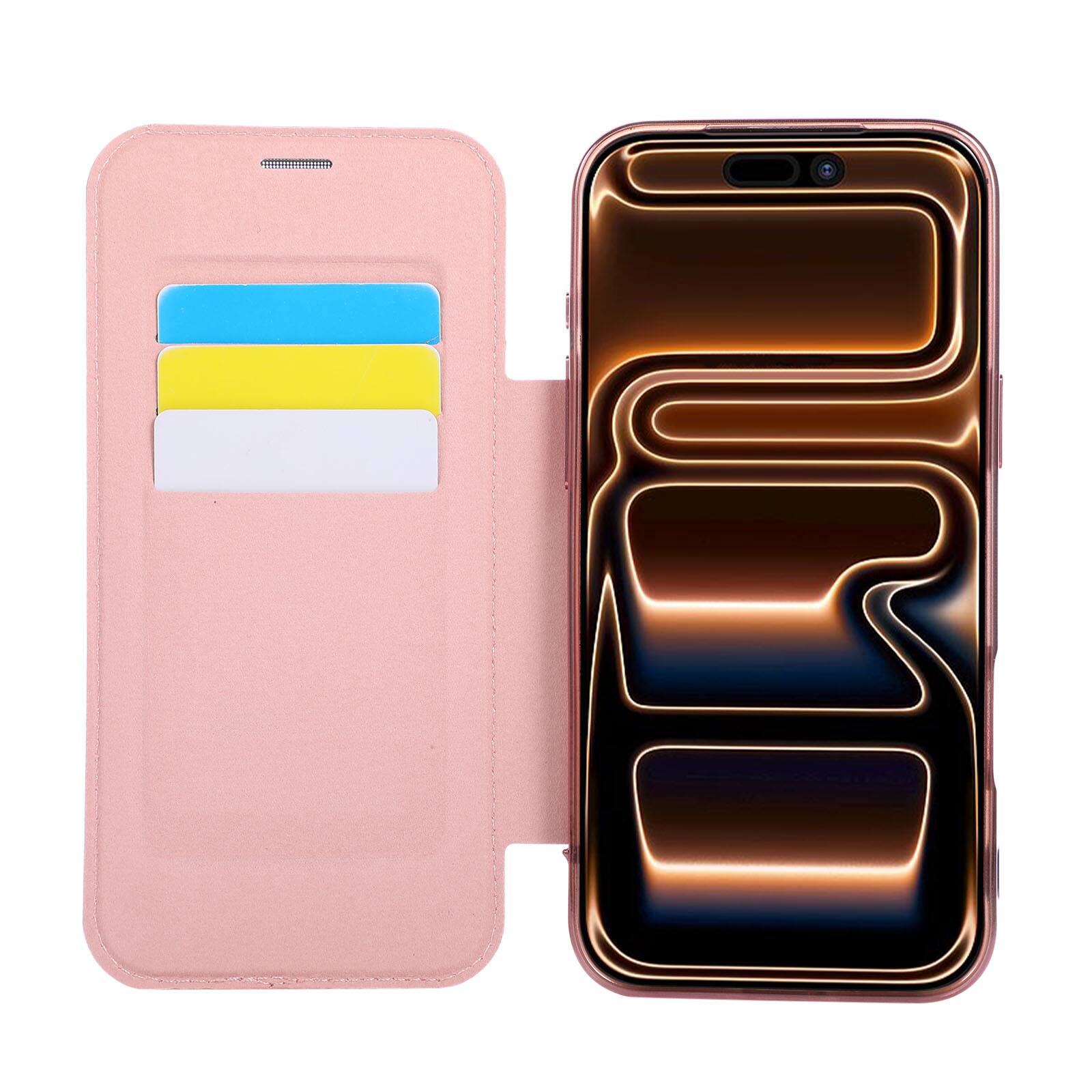 Alt View 4. Dteck - Floral Relief Faux Leather Flip Wallet Case for Apple iPhone 17 Pro,Mag Safe Electroplated Slim Clear Back Cover - Rosegold.