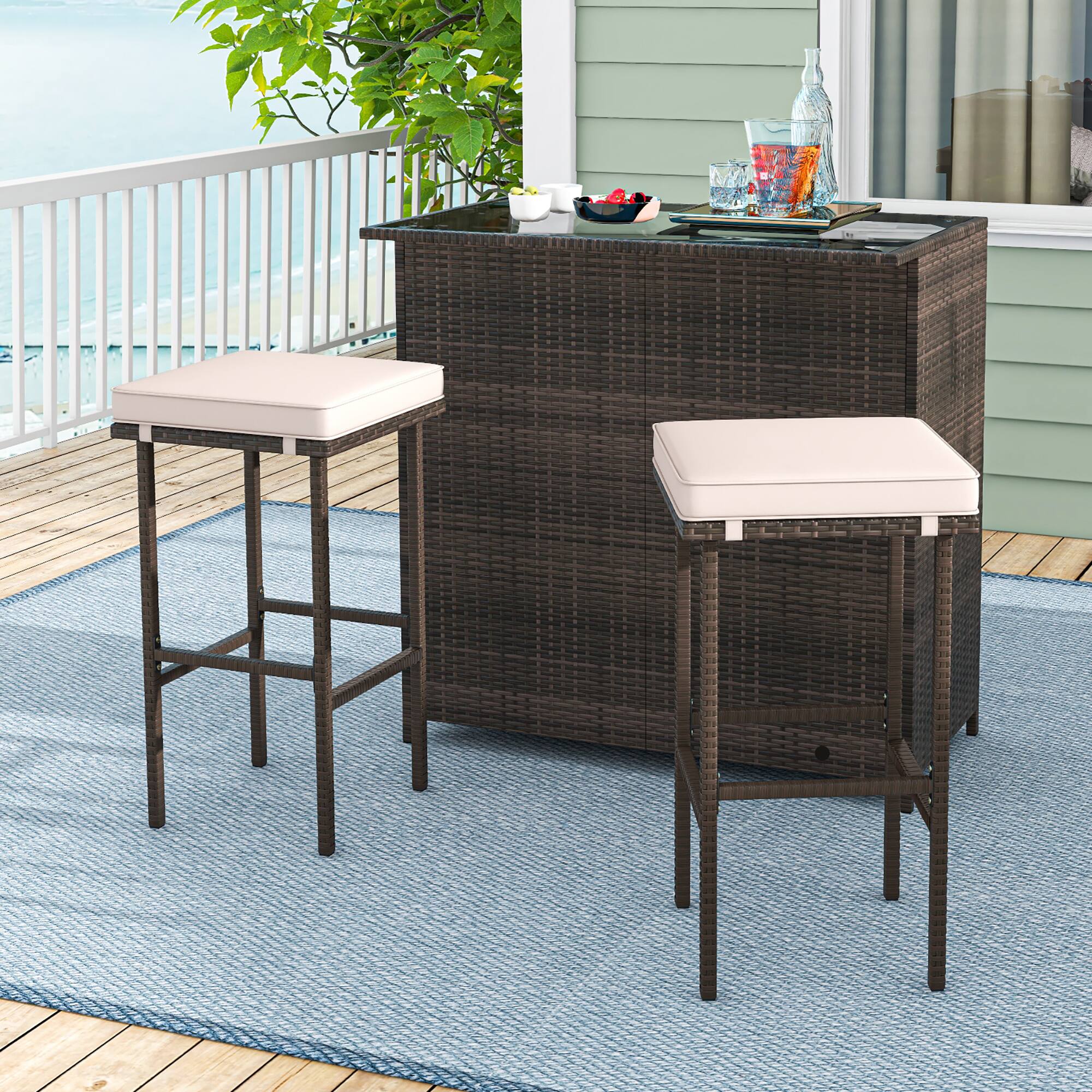 Alt View 1. Gymax - Gymax 3 Pieces Patio Bar Set PE Wicker Outdoor Bar Table & Stools Set w/ Removable Cushions - Mix Brown, Beige.