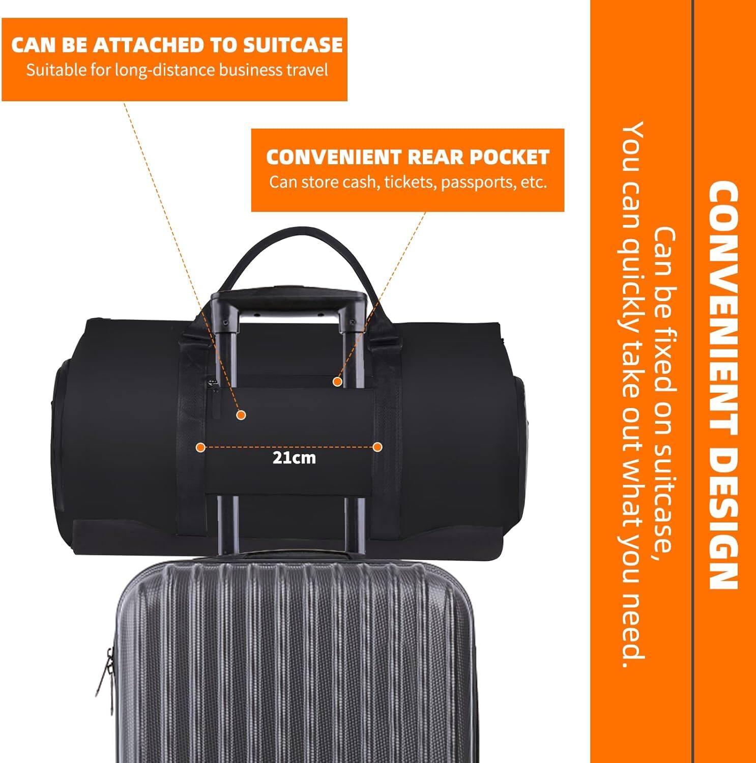CAN BE ATTACHED TO SUITCASE  
Suitable for long-distance business travel  

CONVENIENT REAR POCKET  
Can store cash, tickets, passports, etc.  

CONVENIENT DESIGN  
You can quickly take out what you need.  
Can be fixed on suitcase.  

21cm