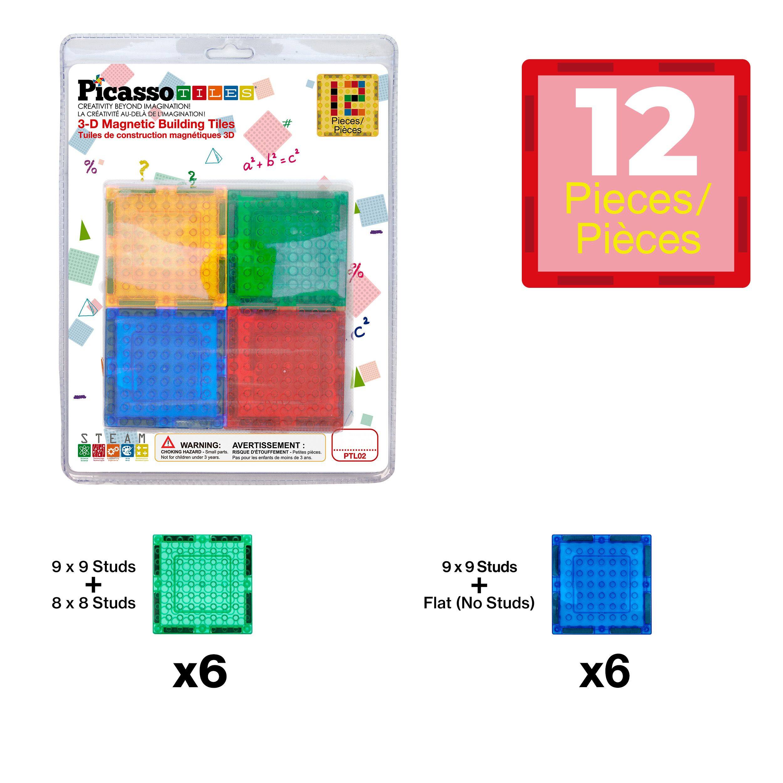 Picasso Tiles  
Creativity Beyond Imagination!  
3-D Magnetic Building Tiles  
Tuiles de construction magnétiques 3D  

12 Pieces/ Pièces  

9 x 9 Studs + 8 x 8 Studs x6  
9 x 9 Studs + Flat (No Studs) x6  

WARNING: Not for children under 3 years.  
AVERTISSEMENT: Pas pour les enfants de moins de 3 ans.  

STEAM  
PTL02