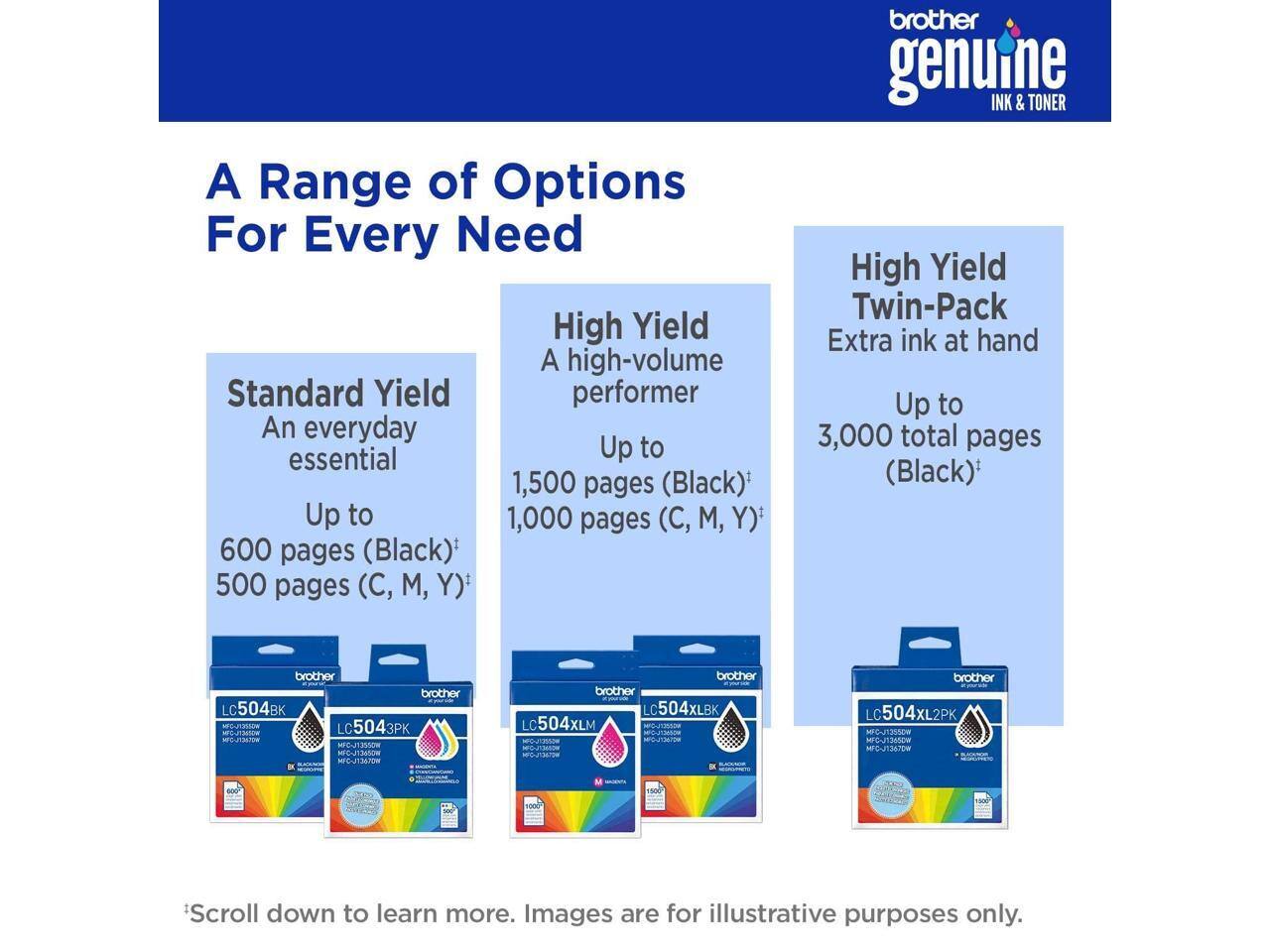 A Range of Options For Every Need

Standard Yield
An everyday essential
Up to 600 pages (Black)
500 pages (C, M, Y)

High Yield
A high-volume performer
Up to 1,500 pages (Black)
1,000 pages (C, M, Y)

High Yield Twin-Pack
Extra ink at hand
Up to 3,000 total pages (Black)

brother genuine INK & TONER

LC504BK
LC5043PK
LC504XLBK
LC504XLM
LC504XL2PK

Scroll down to learn more. Images are for illustrative purposes only.