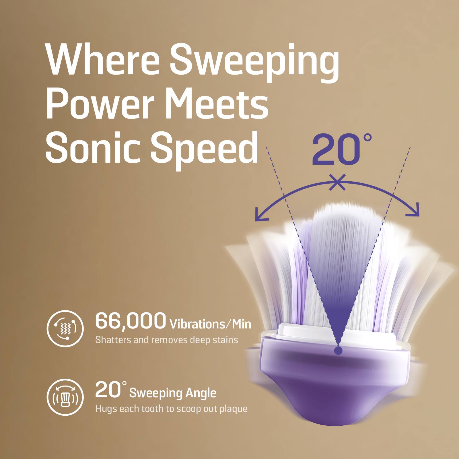 Where Sweeping Power Meets Sonic Speed

66,000 Vibrations/Min  
Shatters and removes deep stains

20° Sweeping Angle  
Hugs each tooth to scoop out plaque