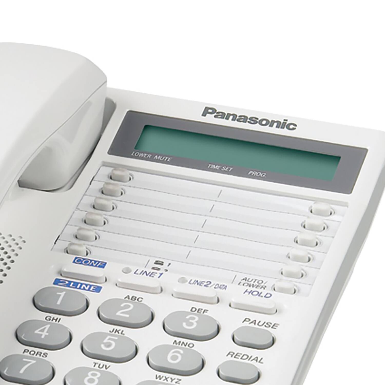 Panasonic  
LOWER MUTE  
TIME SET  
PROG  

LINE1  
2LINE  
LINE2/DATA  
LOWER AUTO  
1 ABC  
2 DEF  
3 GHI  
4 JKL  
5 MNO  
6 PORS  
7 TUV  
8 WXYZ  

HOLD  
PAUSE  
REDIAL