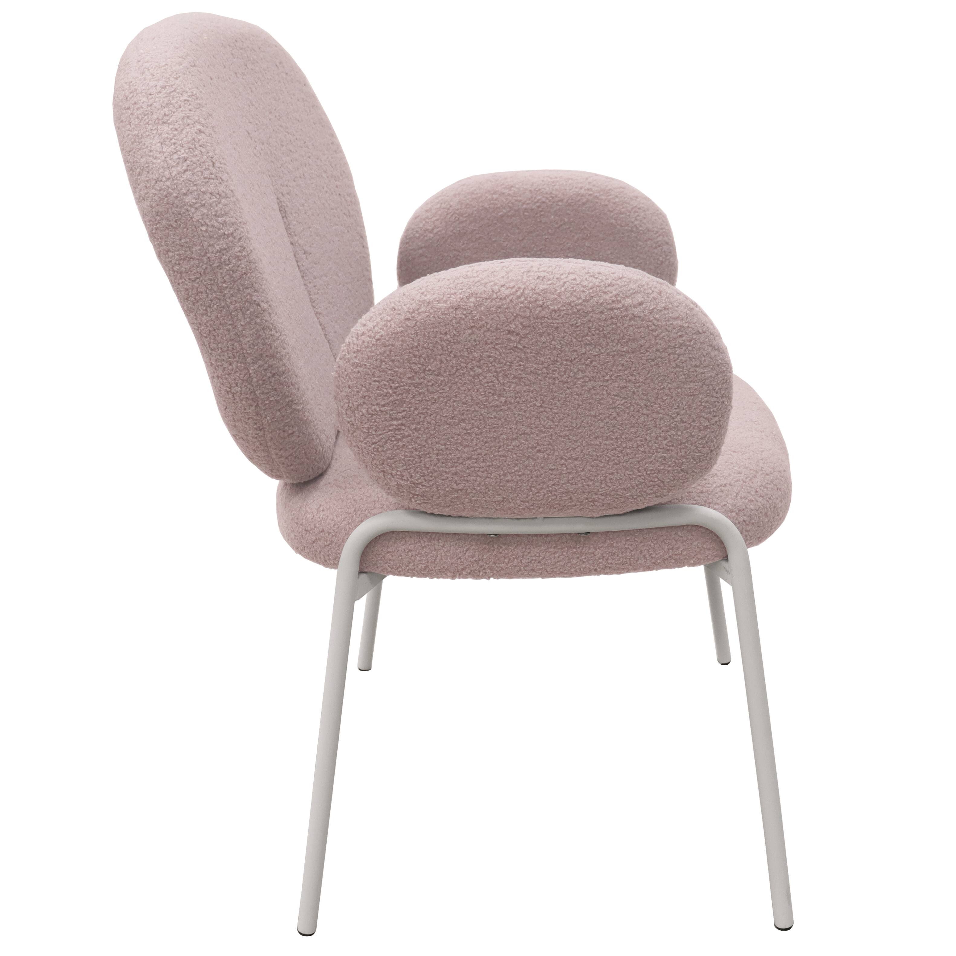 Left. LeisureMod - Celestial 2-PCS White Frame Boucle Armchair, Modern Cushioned Fabric Desk Vanity Dining Chair with Arms, Metal Legs - Grey.