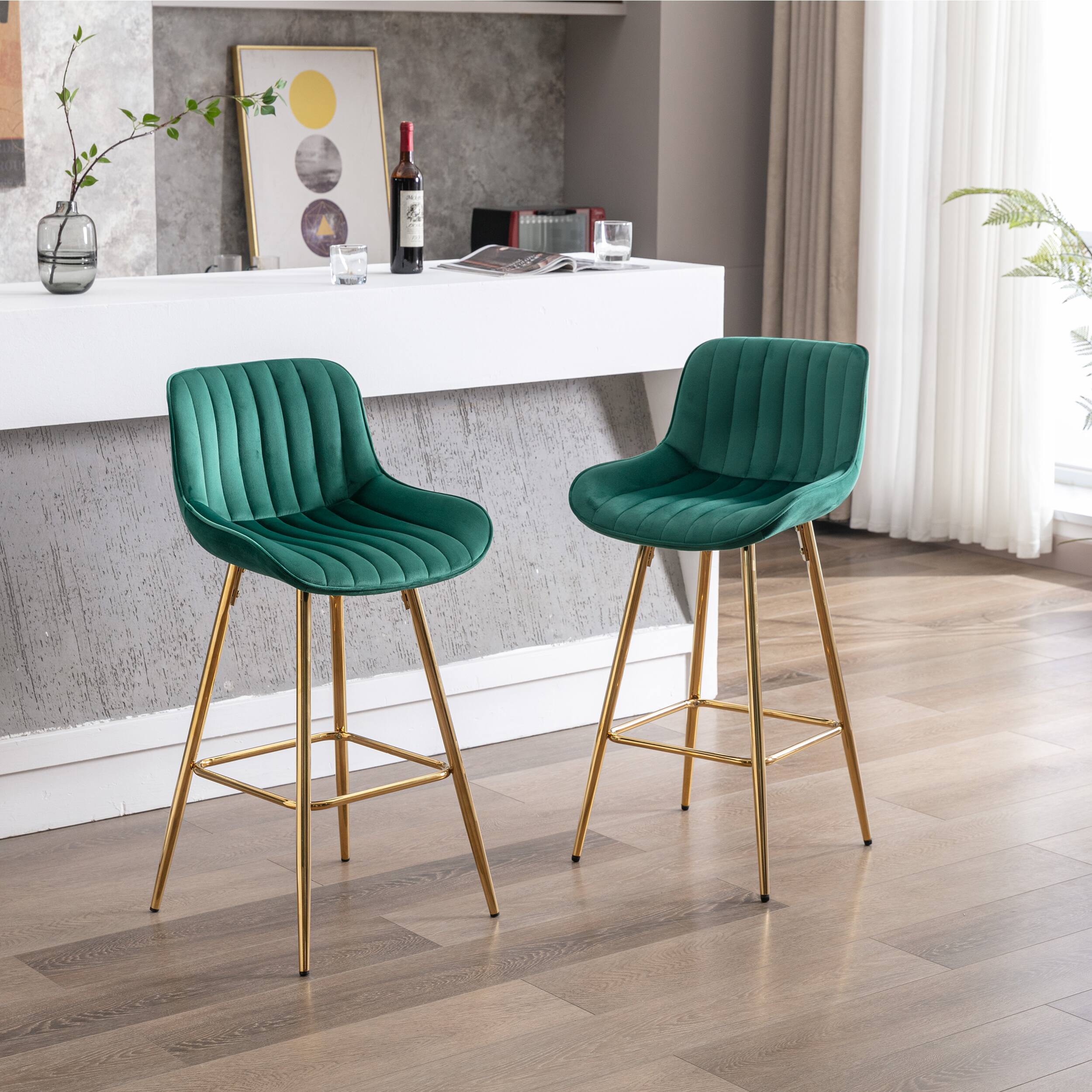 Trinkets Crazed - Velvet Bar Stools Set of 2, 26 Inch Modern Barstools with Back&Gold Legs, Counter Height Stools for Kitchen Island - Green