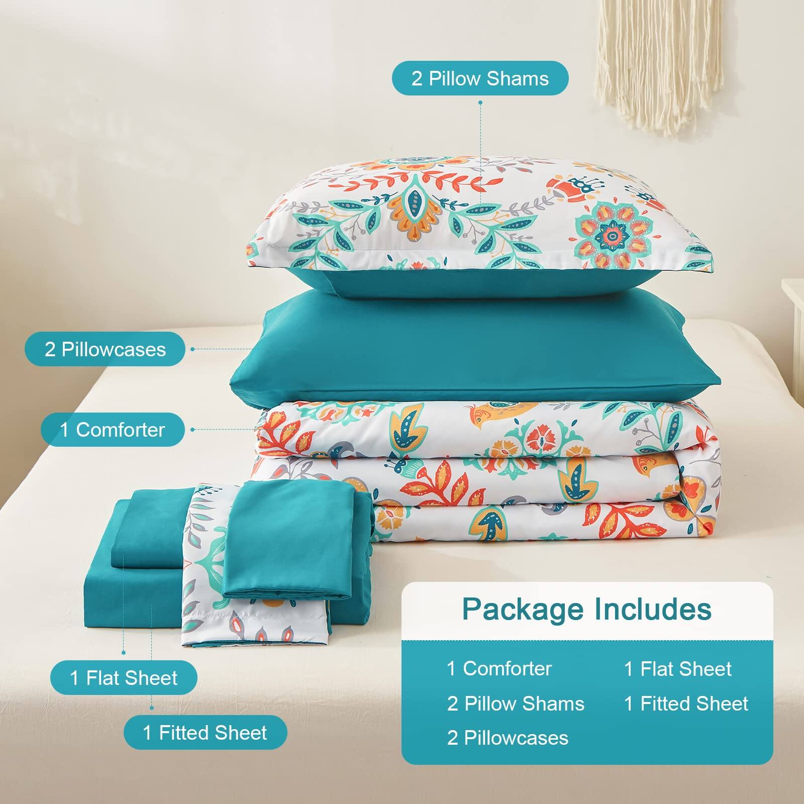2 Pillow Shams  
2 Pillowcases  
1 Comforter  
1 Flat Sheet  
1 Fitted Sheet  

Package Includes  
1 Comforter  
2 Pillow Shams  
1 Flat Sheet  
1 Fitted Sheet  
2 Pillowcases
