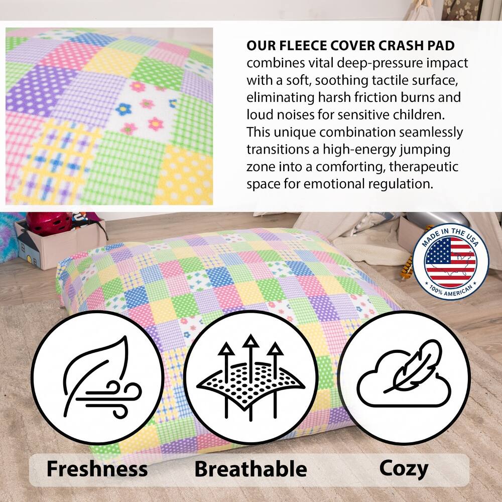 OUR FLEECE COVER CRASH PAD combines vital deep-pressure impact with a soft, soothing tactile surface, eliminating harsh friction burns and loud noises for sensitive children. This unique combination seamlessly transitions a high-energy jumping zone into a comforting, therapeutic space for emotional regulation.

MADE IN THE USA
100% AMERICAN

Freshness Breathable Cozy