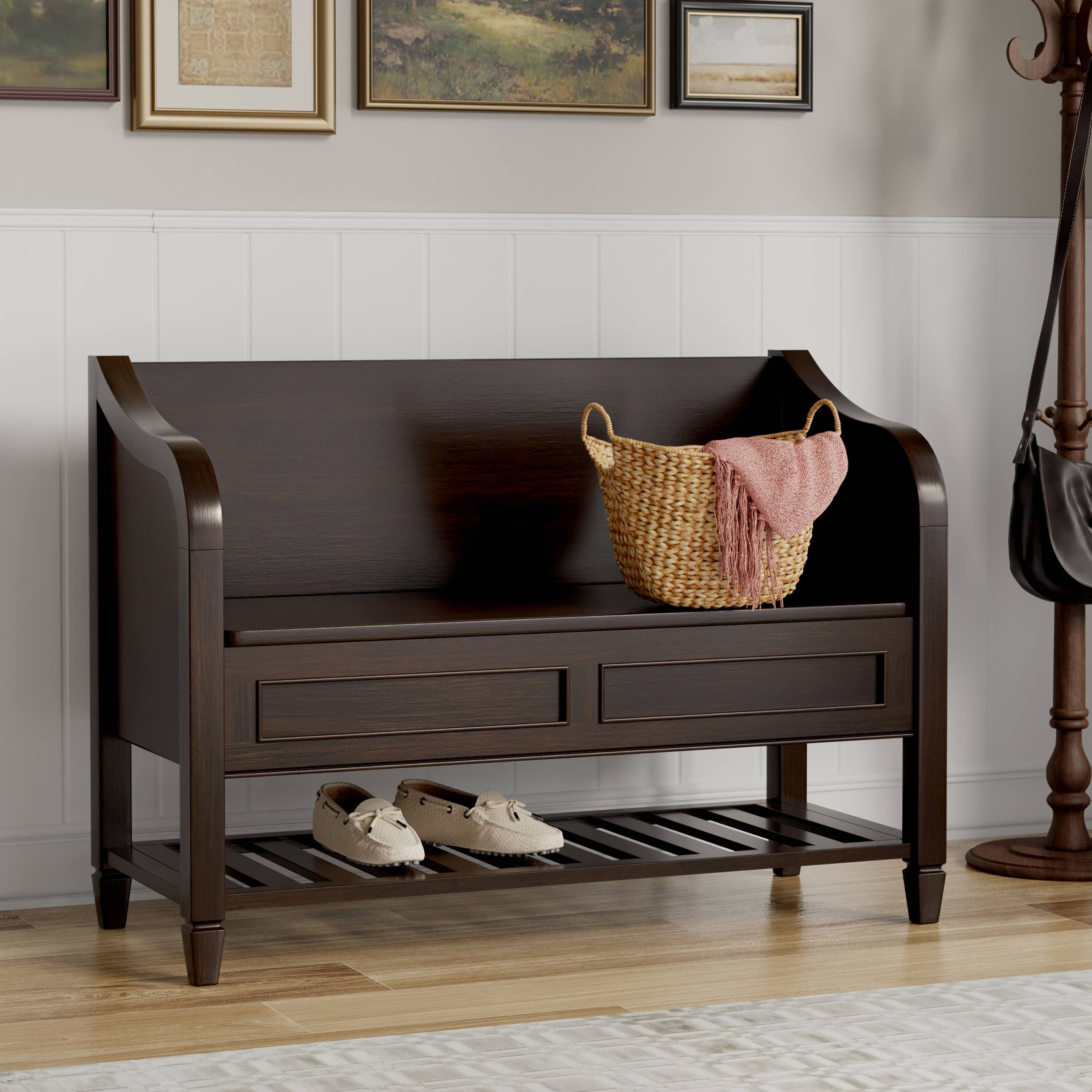 Angle. Simpli Home - Simpli Home Connaught SOLID WOOD 42 inch Wide Traditional Entryway Storage Bench with Shelf in Chestnut Brown - Chestnut Brown.