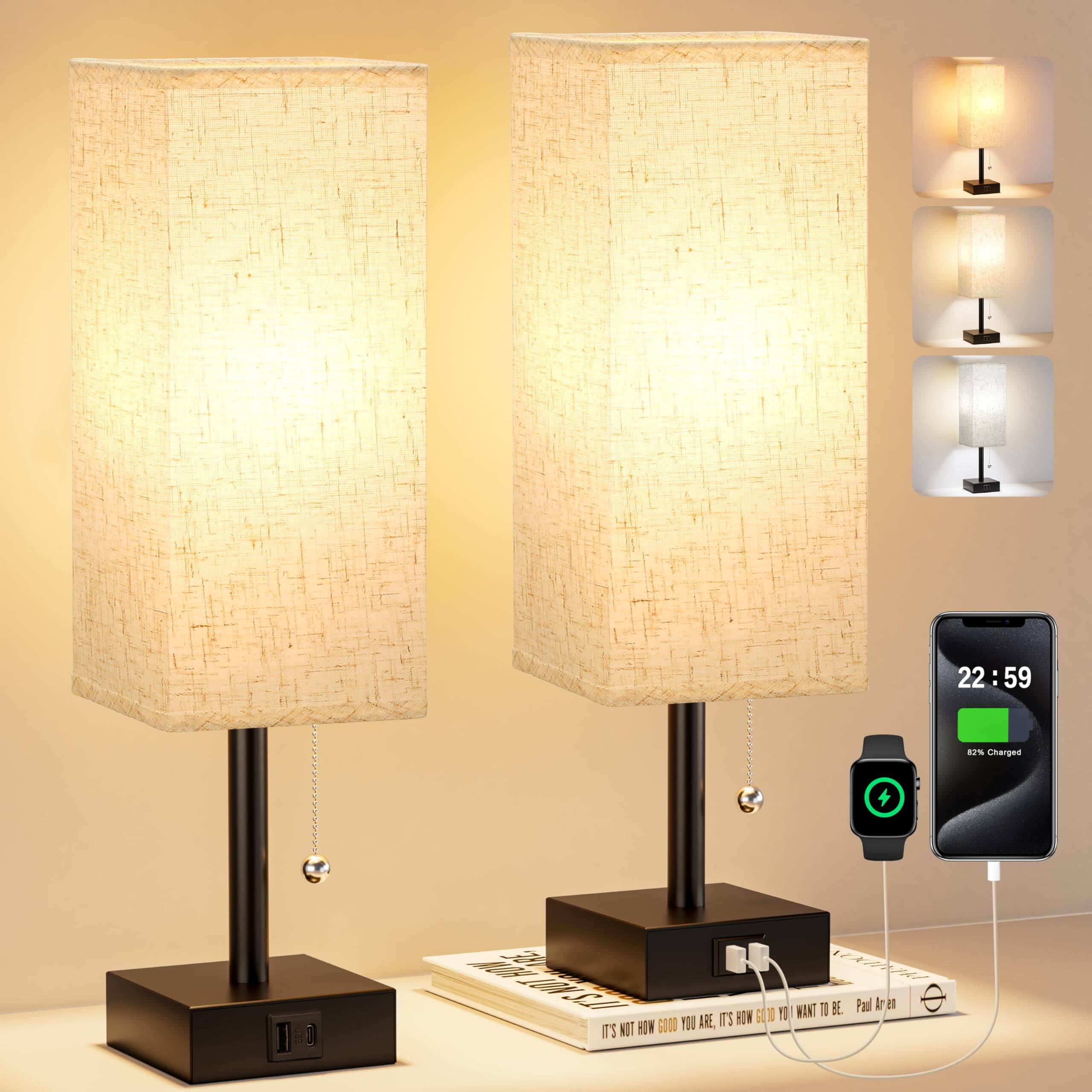 Earthley Blooms - Bedside Table Lamps For Bedroom Set Of Small Rectangular Nightstand Lamp With Ac Outlet Charging Port Col - Cream & Black 14.7In