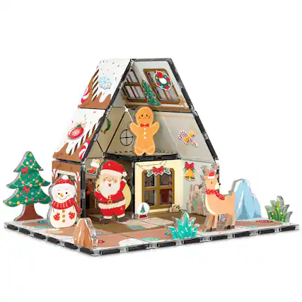 Front. PicassoTiles - PicassoTiles Gingerbread House Magnetic Tiles for Kids, STEM Building Blocks, Educational Toy, Christmas Holiday Gift.