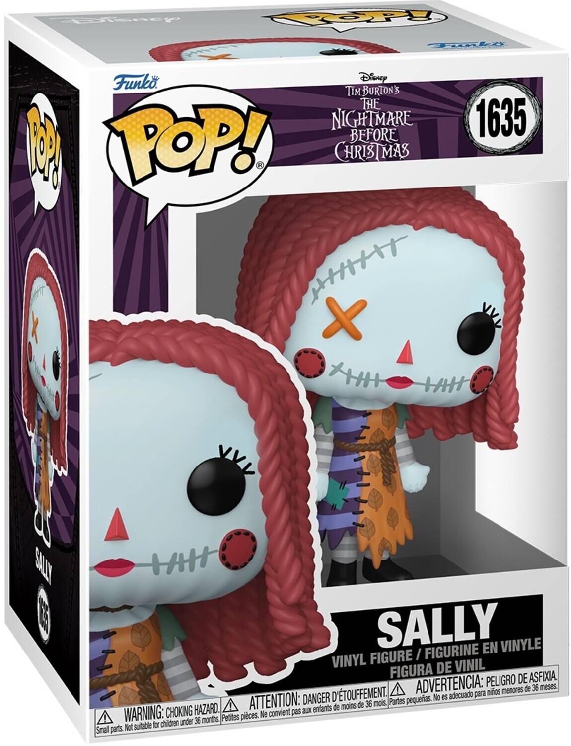 Sure, here is the corrected and grouped text from the image:

---

**Funko POP!**

**Disney Tim Burton's The Nightmare Before Christmas**

**1635**

**SALLY**

**VINYL FIGURE / FIGURINE EN VINYLE / FIGURA DE VINIL**

**WARNING: CHOKING HAZARD. Small parts. Not suitable for children under 36 months.**

**ADVERTENCIA: PELIGRO DE ASFIXIA. No es adecuado para niños menores de 36 meses.**

**ATTENTION: DANGER D'ÉTOUFFEMENT. Ne convient pas aux enfants de moins de 36 mois.**

**Petites pièces.**

---