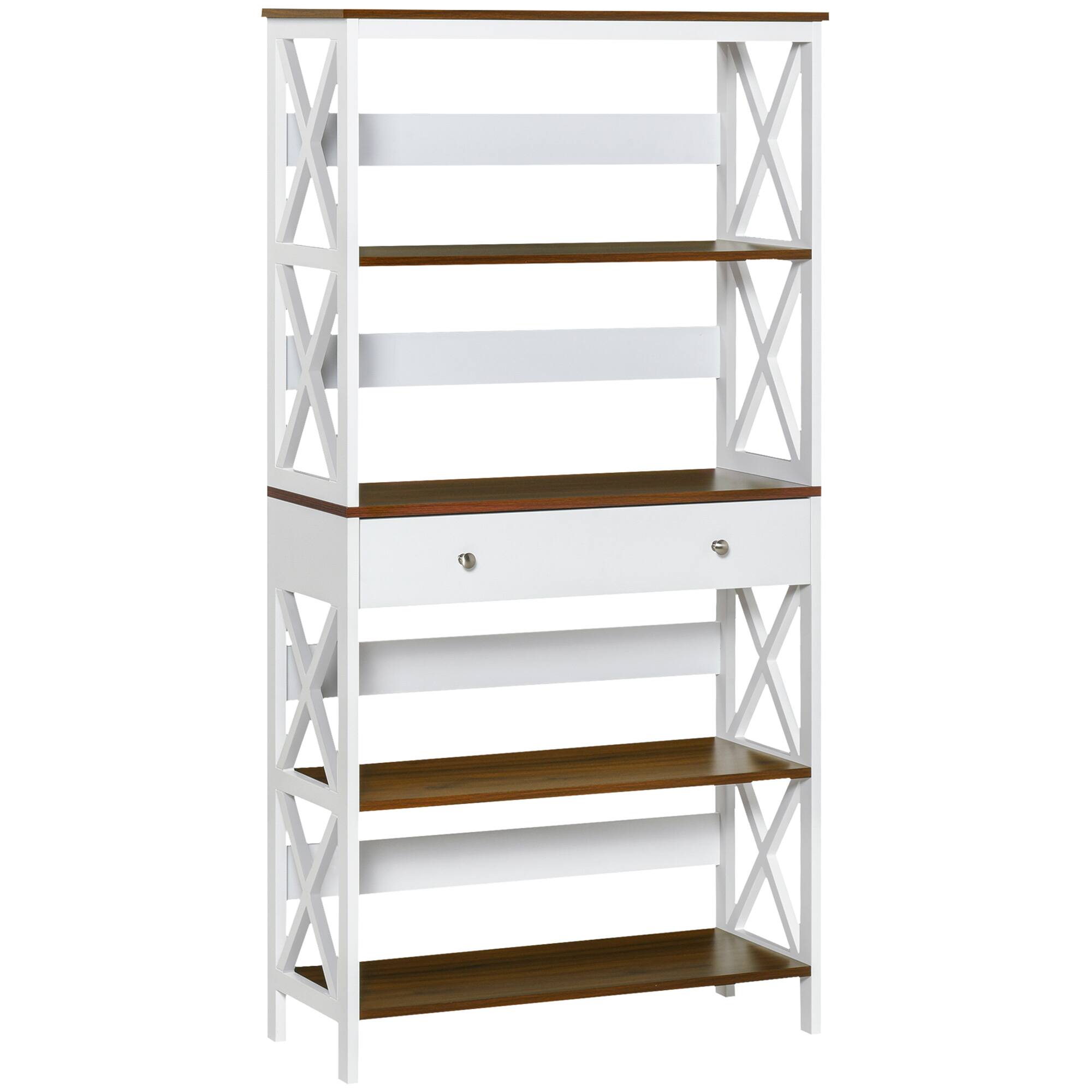 Homcom - 4-Tier Shelving Bookcase Storage Cupboard with Pull Out Drawer, and Wooden Frame with X Bar Stability - Walnut Color