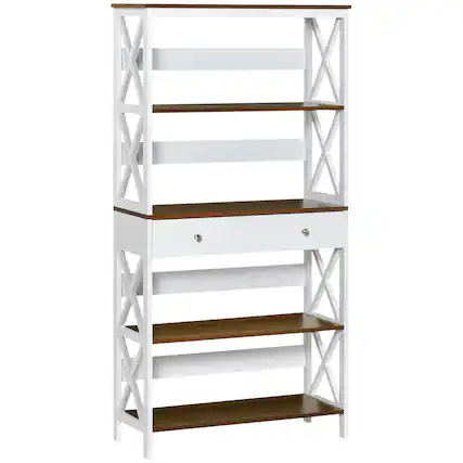 Front. Homcom - 4-Tier Shelving Bookcase Storage Cupboard with Pull Out Drawer, and Wooden Frame with X Bar Stability - Walnut Color.