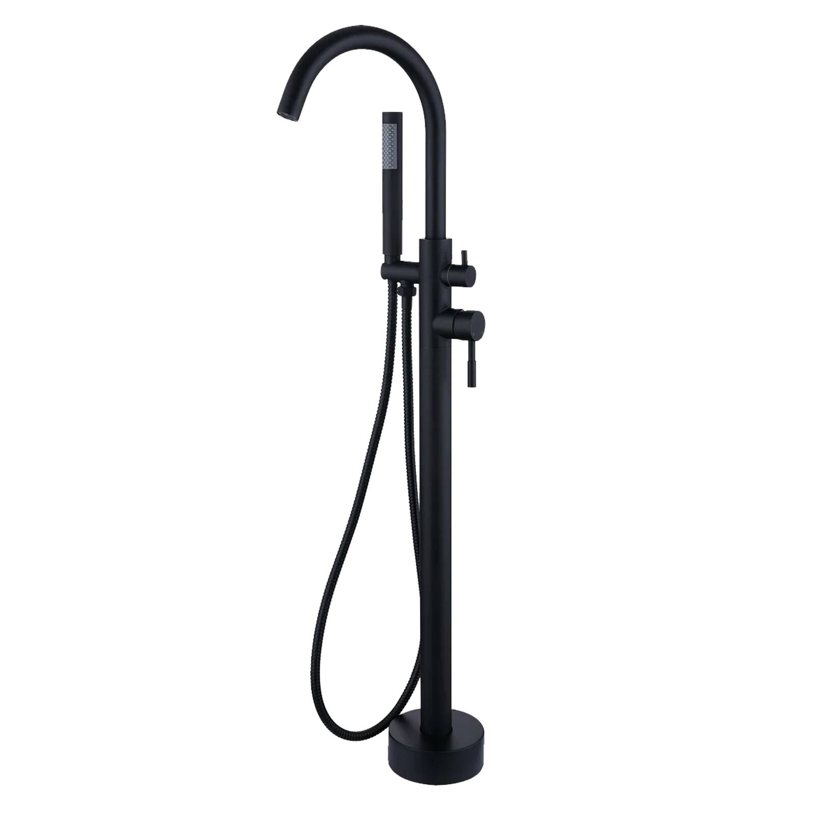Angle. Sweet - Freestanding Bathtub Faucet, Floor Mount Tub Filler with 360 Swivel Gooseneck Spout and Handheld Shower - Matte Black.