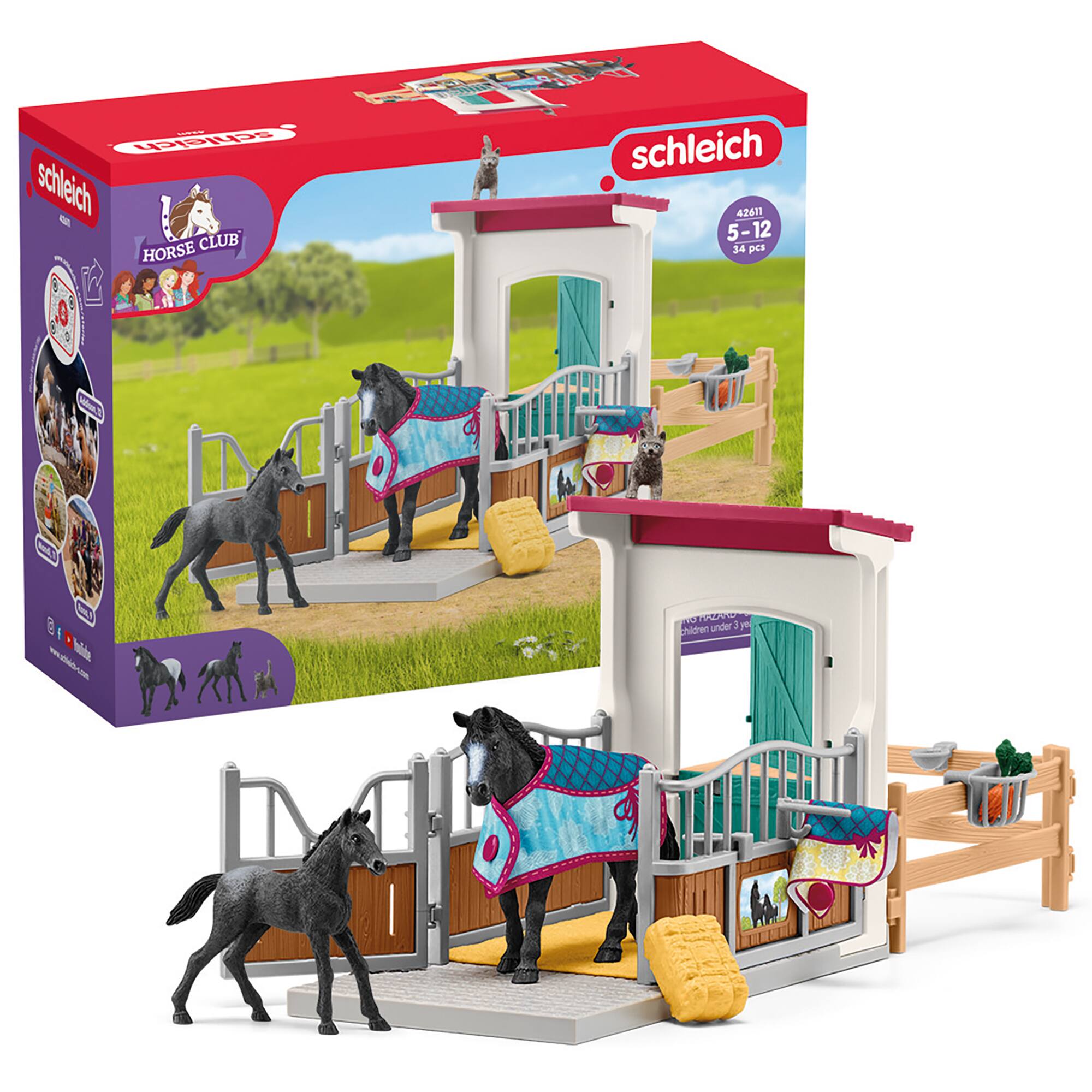 Schleich is a brand that offers a variety of toys, including a horse club set that comes with a horse, a stable, and a rider. The set is designed for children aged 5-12 and contains 34 pieces. The horse is the main focus of the set, and it is accompanied by a stable and a rider to complete the scene. The set is suitable for children who enjoy playing with toys and engaging in imaginative play.