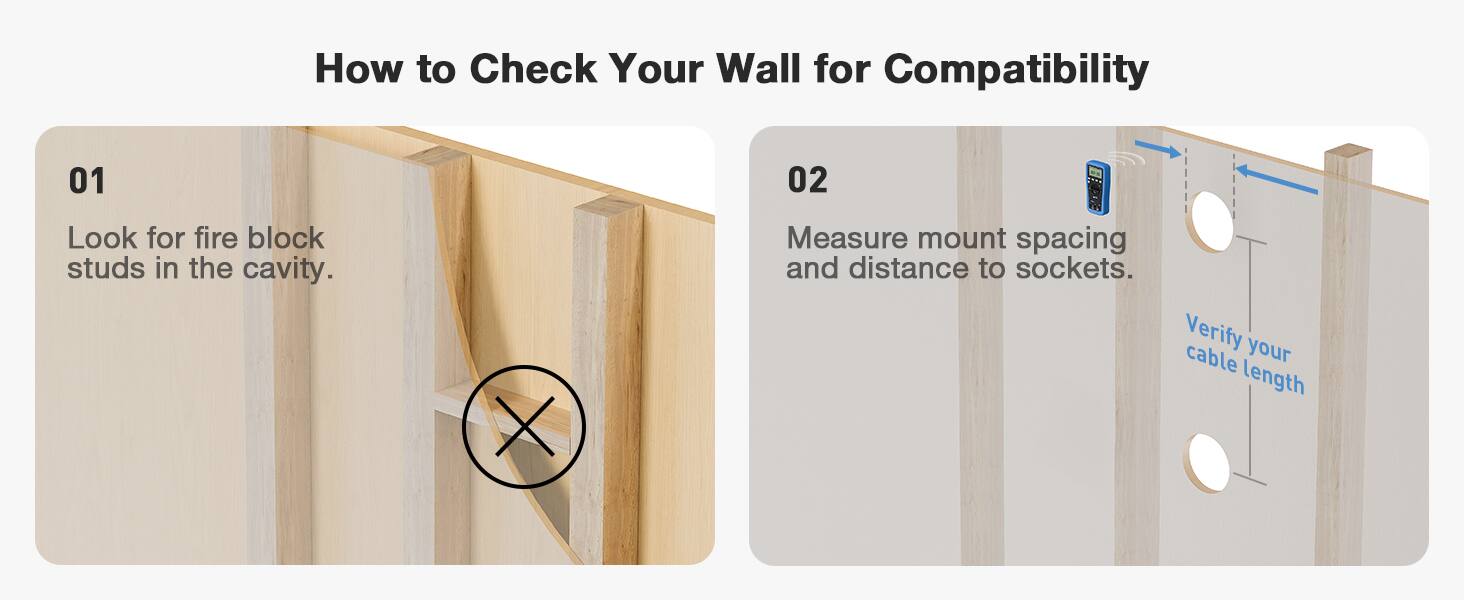 How to Check Your Wall for Compatibility

01 Look for fire block studs in the cavity.

02 Measure mount spacing and distance to sockets. Verify your cable length.