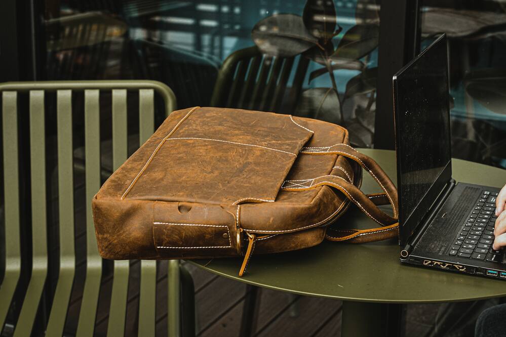 Angle. Steel Horse Leather - The Welch Briefcase | Vintage Leather Messenger Bag - Brown.