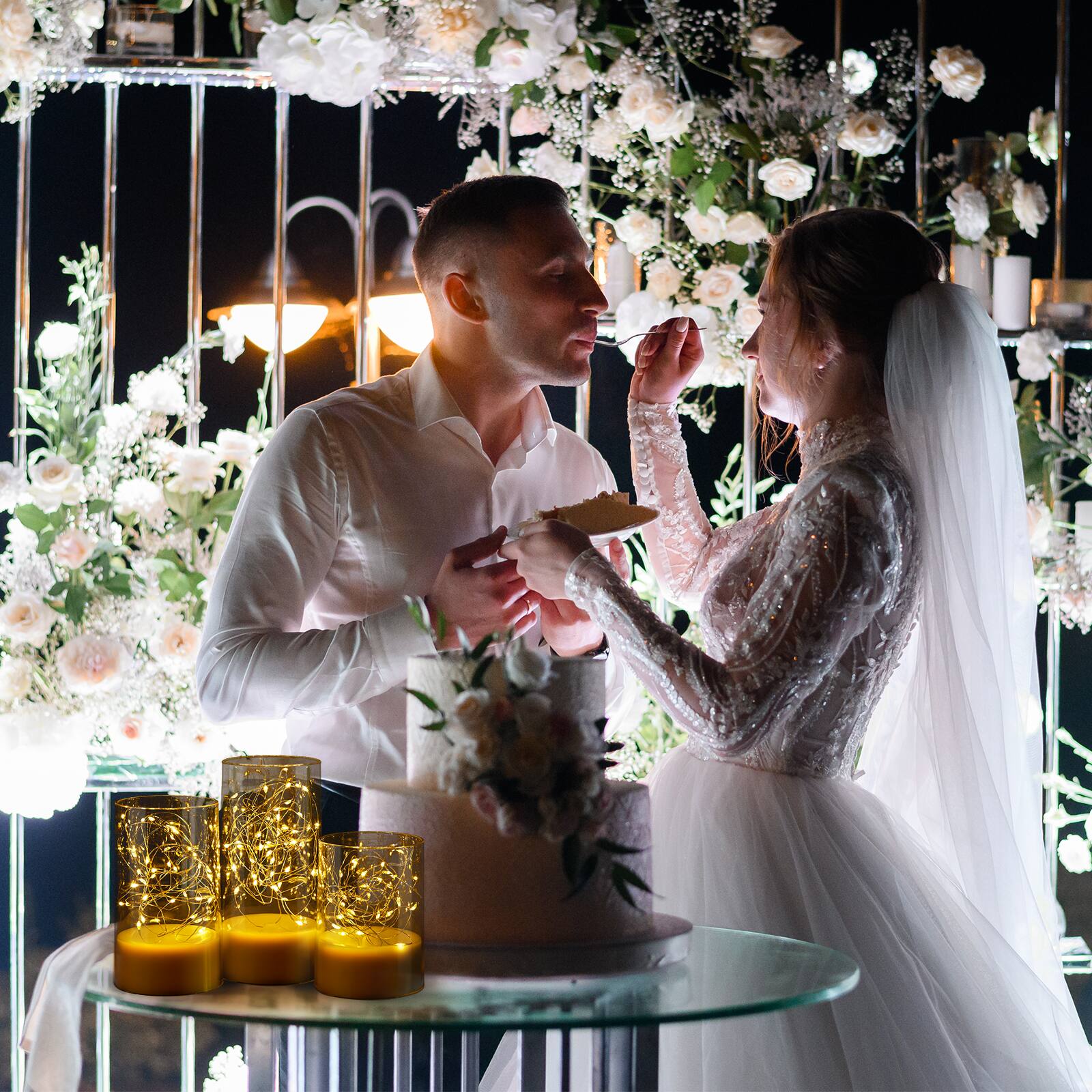 Alt View 5. IMAGE - 3 PCS Acrylic Shell Pillar LED Flameless Candles with 13-Key Remote Timer, White - White.