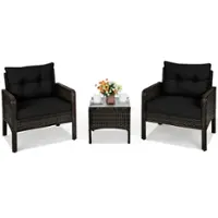 Costway 3PCS Outdoor Rattan Conversation Set Patio Garden Cushioned Sofa Chair - Black - Front_Zoom