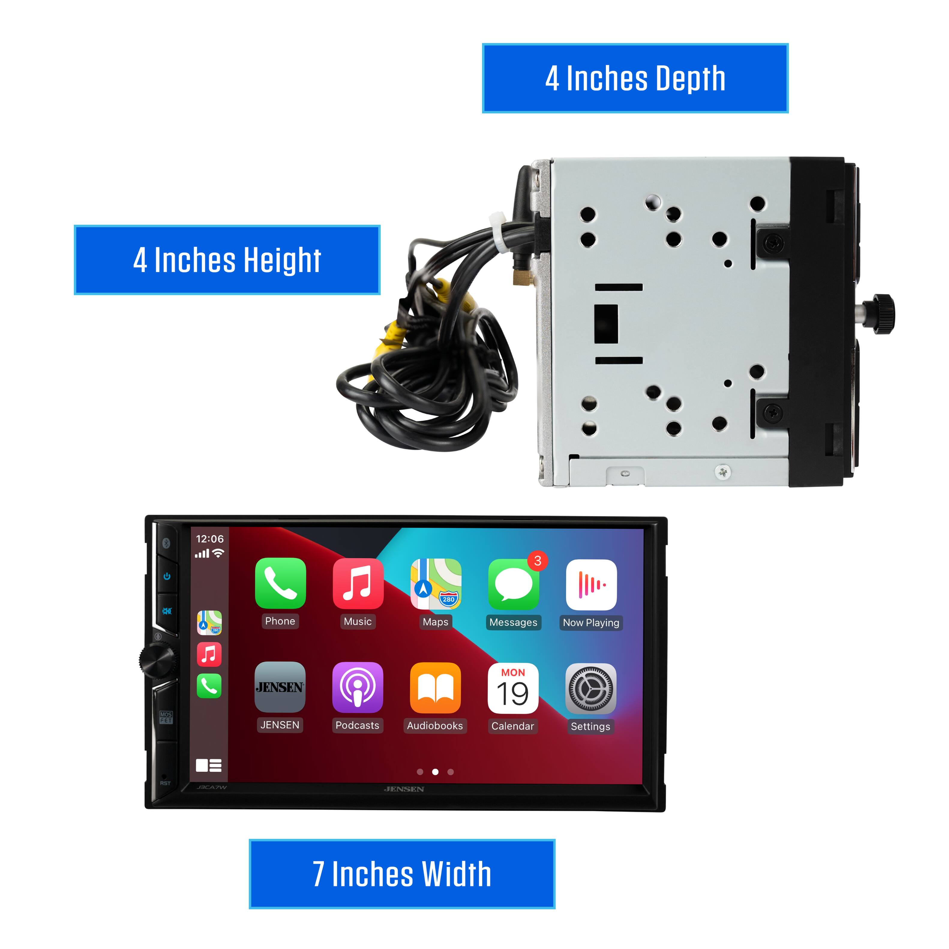 4 Inches Depth  
4 Inches Height  
7 Inches Width  

12:06  
Phone Music Maps Messages Now Playing - T JENSEN JENSEN MON 19 Podcasts Audiobooks Calendar Settings