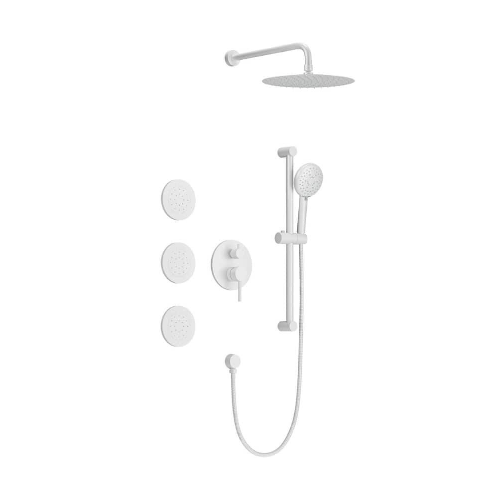 JUJABU - Shower System with Shower Head, Slide Bar, Bodysprays, Shower Arm, Hose, Valve Trim, and Lever Handles - White