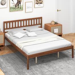 Gymax - Queen Platform Bed with Headboard Solid Wood Leg Mattress Foundation - Walnut