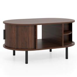 Costway - Oval Coffee Table with Storage Sliding Tambour Doors Open Compartment - Brown