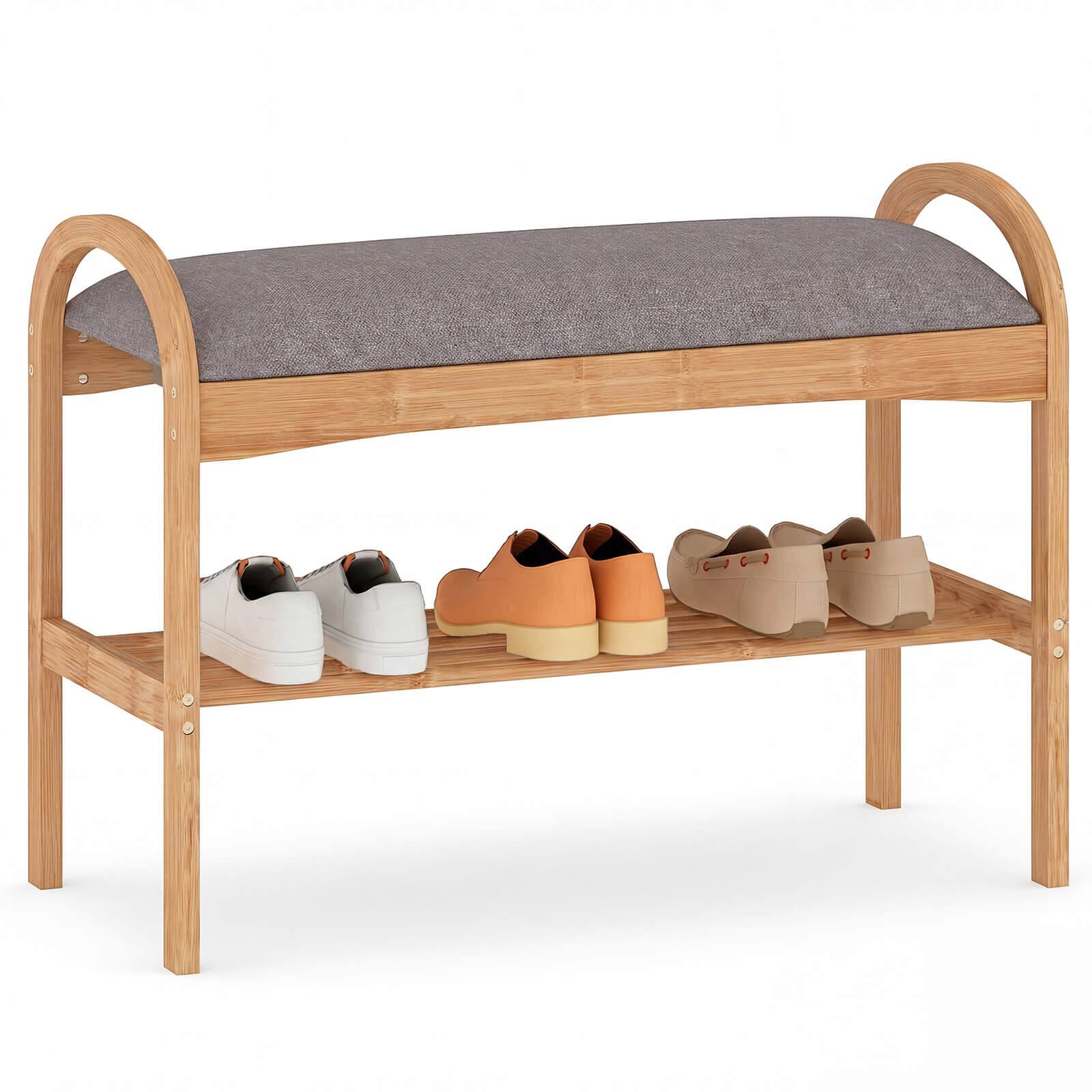Alt View 9. Costway - Costway Bamboo Entryway Shoe Bench 2-Tier Shoe Rack with Padded Seat Cushion for Hallway - Natural+Grey.