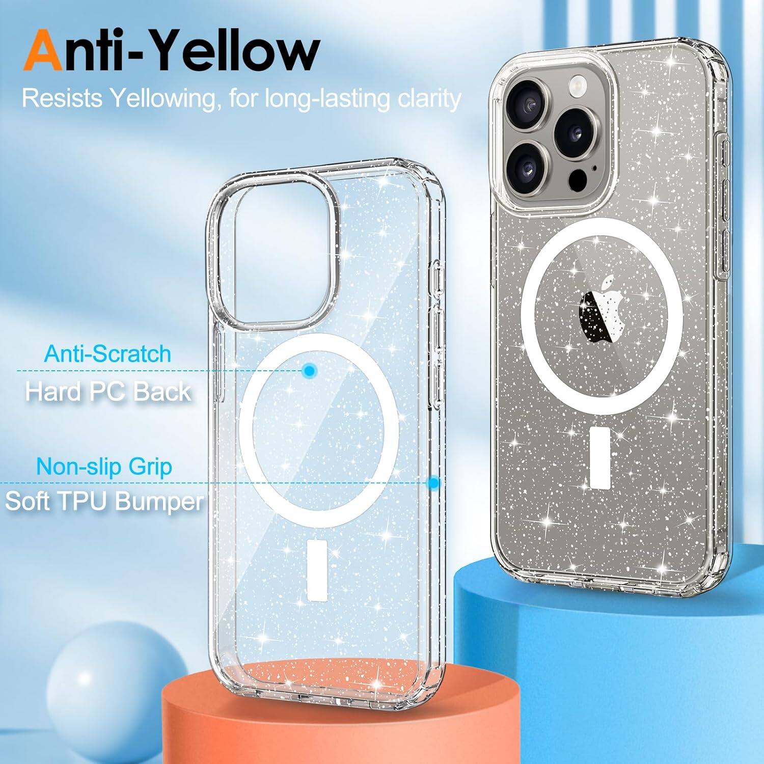 Anti-Yellow, Resists Yellowing, for long-lasting clarity

Anti-Scratch, Hard PC Back

Non-slip Grip, Soft TPU Bumper