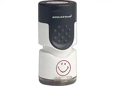 Front. Accu-Stamp - Accu-Stamp Smiley Face Round Pre-Inked Stamp, Red Ink, 5/8" (030725) - Red.