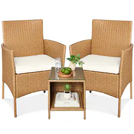 Best Choice Products - 3-Piece Outdoor Wicker Conversation Patio Bistro Set, w/ 2 Chairs, Table - Natural/Ivory