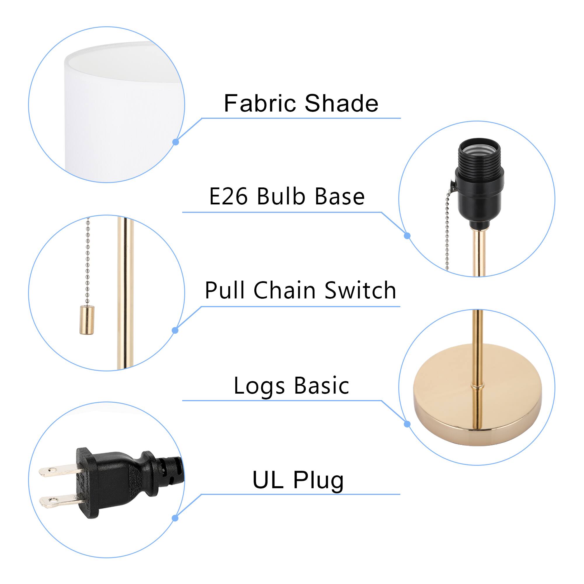 Fabric Shade  
E26 Bulb Base  
Pull Chain Switch  
Logs Basic  
UL Plug