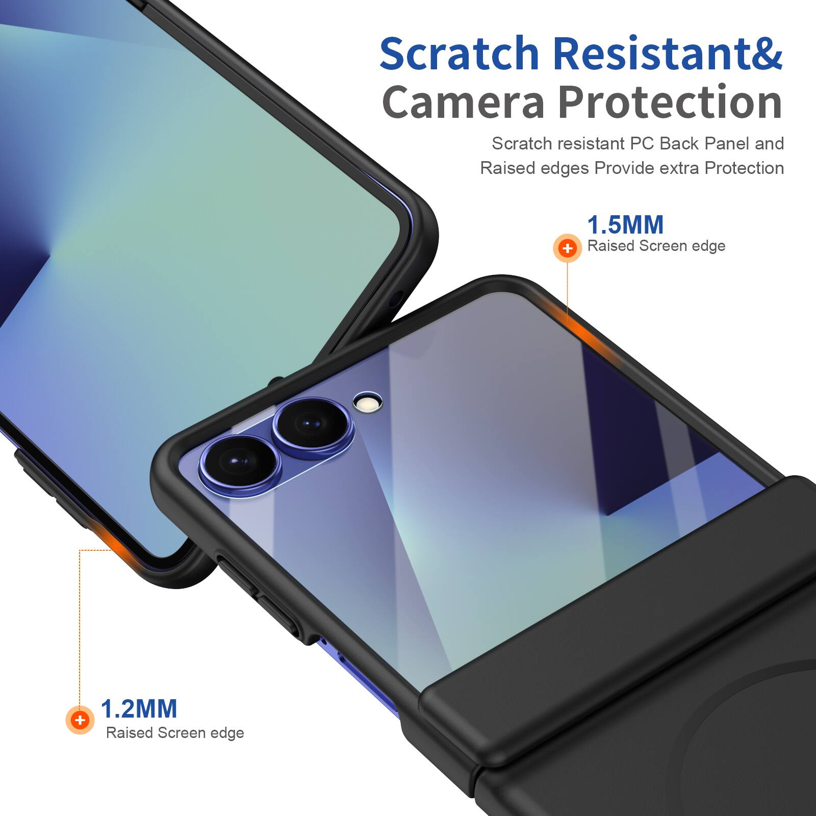 Scratch Resistant & Camera Protection  
Scratch resistant PC Back Panel and Raised edges Provide extra Protection  
1.5MM + Raised Screen edge  
1.2MM + Raised Screen edge
