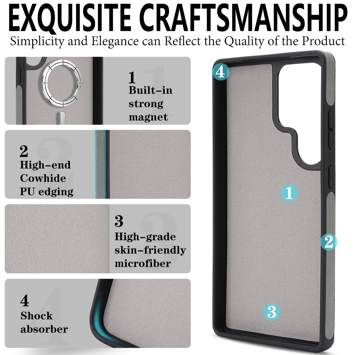 EXQUISITE CRAFTSMANSHIP  
Simplicity and Elegance can Reflect the Quality of the Product

1. Built-in strong magnet  
2. High-end Cowhide PU edging  
3. High-grade skin-friendly microfiber  
4. Shock absorber