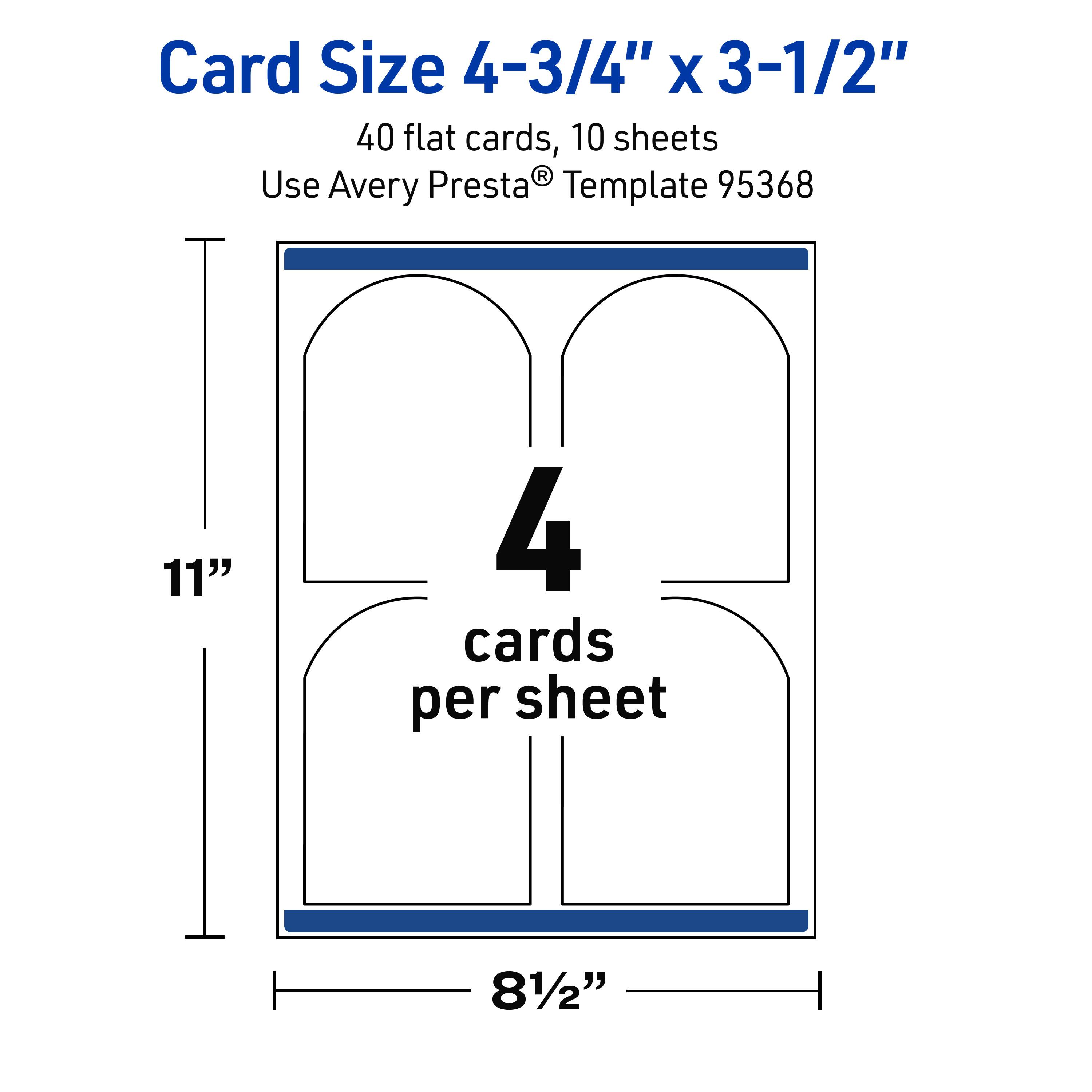 Card Size 4-3/4" x 3-1/2"  
40 flat cards, 10 sheets  
Use Avery Presta® Template 95368  
11" x 81/2"  
4 cards per sheet