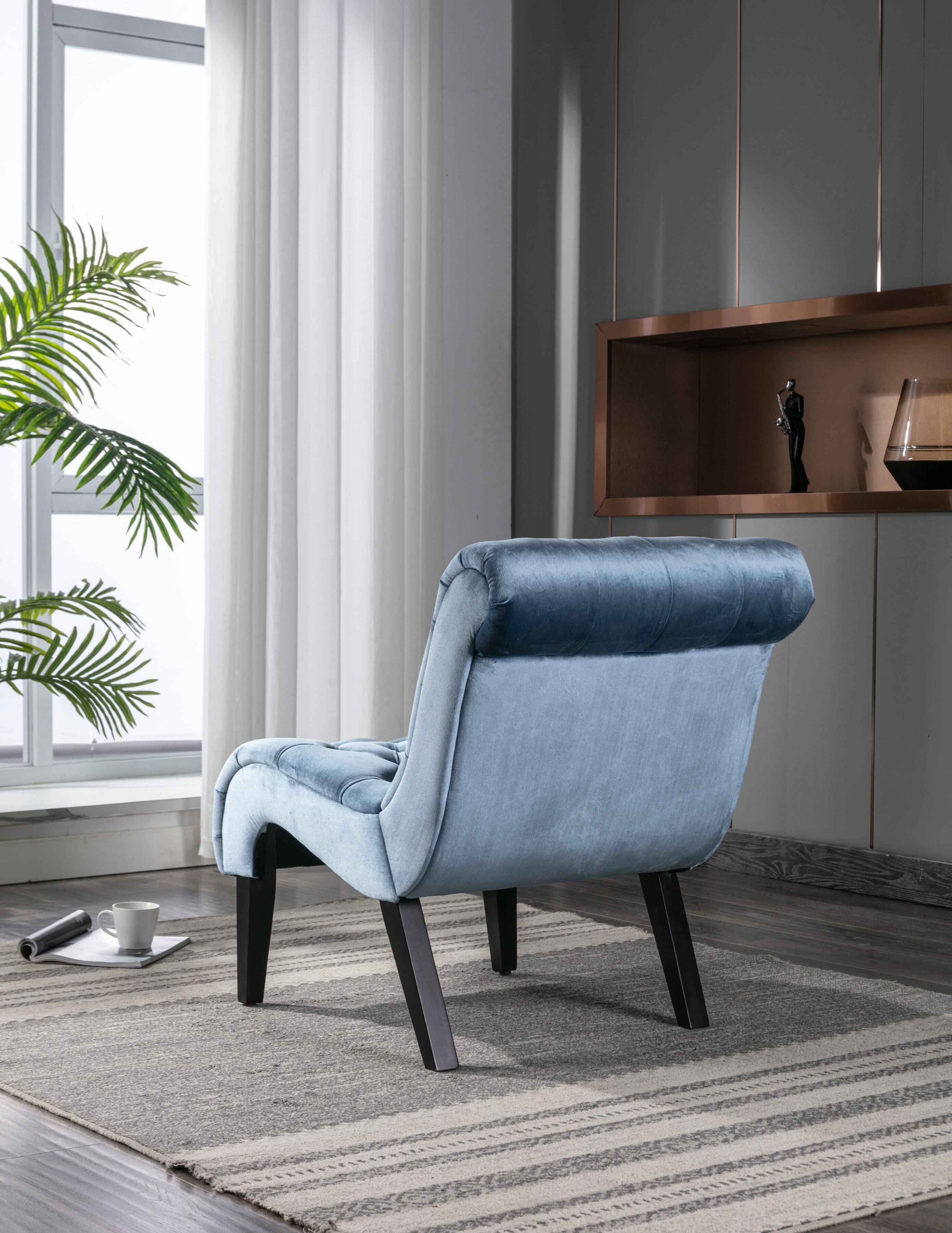 Back. Trinkets Crazed - Velvet Accent Lounge Chair for Living Room, Modern Leisure Chair with Tufted Backrest, Indoor Armless Side Chair - Light Blue.