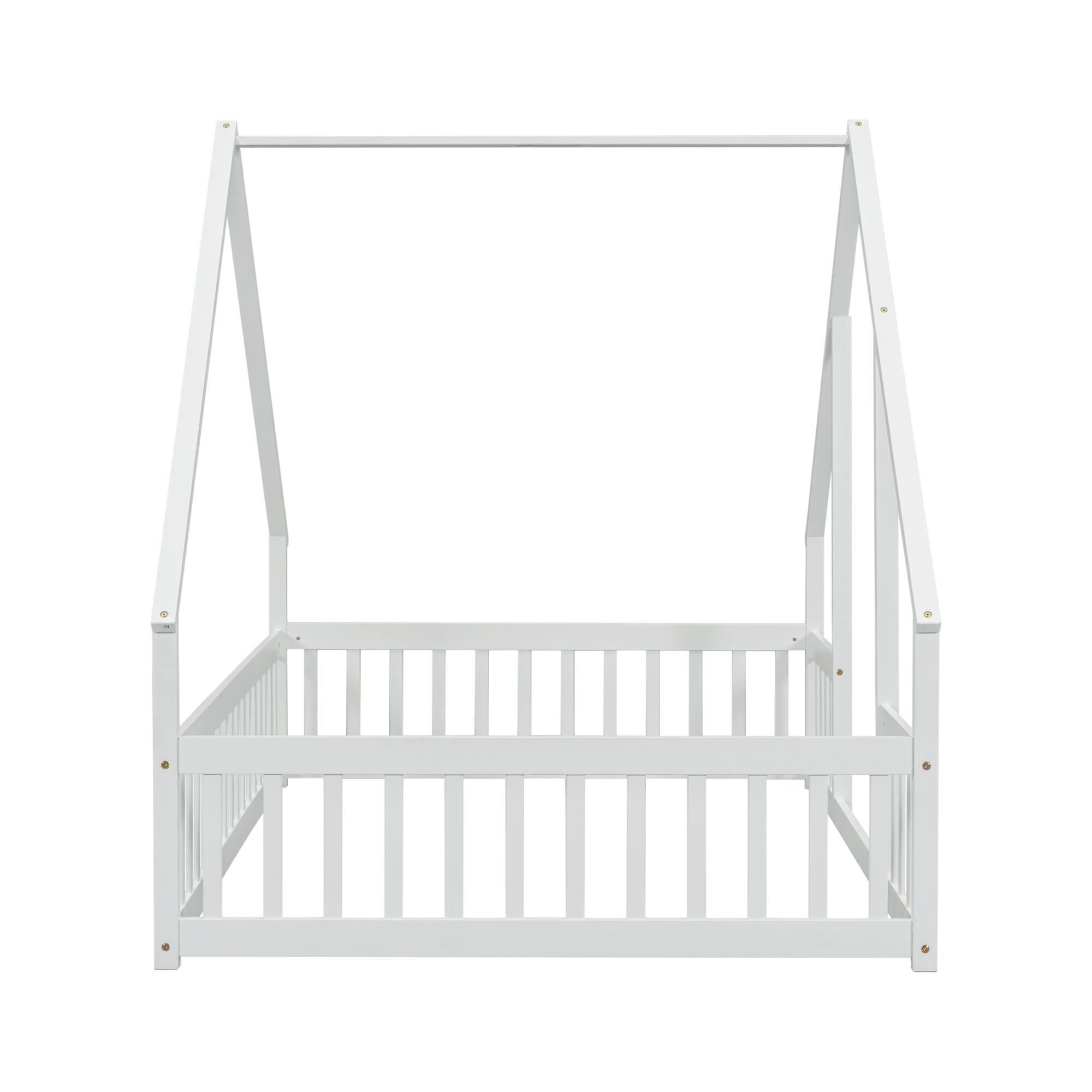 Angle. GOODSILO - House-Shaped Floor Bed with Protective Fence and Guardrails for Children's Bedroom - White.