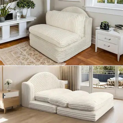 Front. wowmax - 48" Convertible Sleeper Sofa - 3-in-1 Upholstered Futon Bed & Chaise Lounge for Small Spaces - Beige.