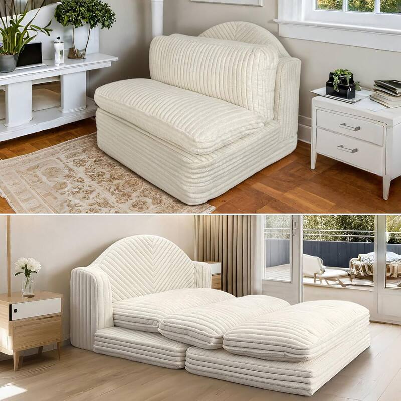 Front. wowmax - 48" Convertible Sleeper Sofa - 3-in-1 Upholstered Futon Bed & Chaise Lounge for Small Spaces - Beige.