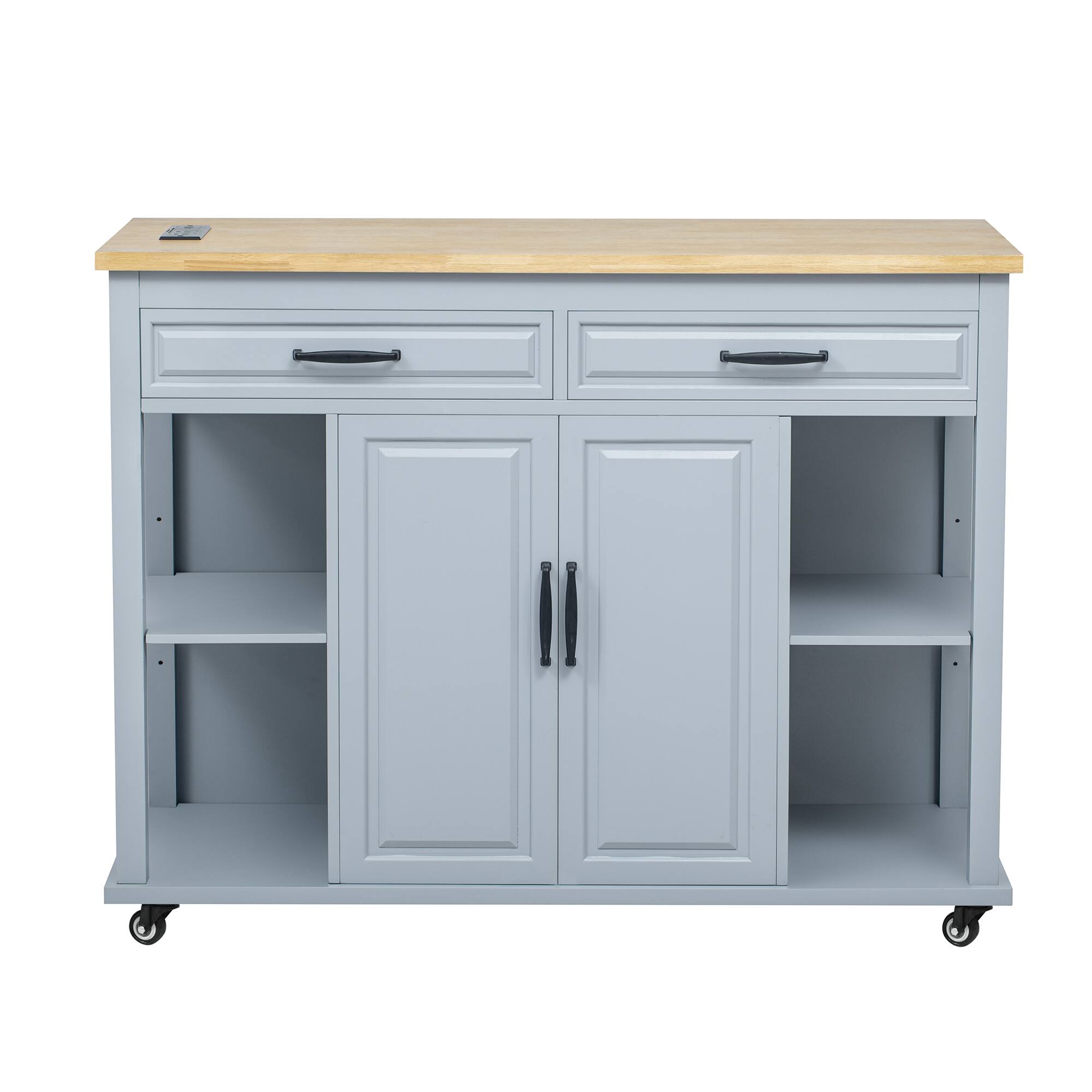 Back. Whisen - 47" Kitchen Island with Extendable Dining Table, Rolling Island Cart with Power Outlet for Kitchen - Grey|Blue.