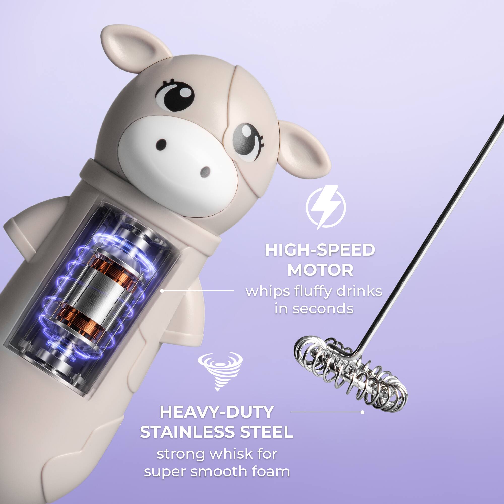 I HIGH-SPEED MOTOR whips fluffy drinks in seconds. HEAVY-DUTY STAINLESS STEEL strong whisk for super smooth foam