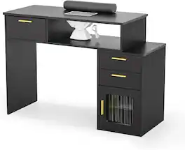 Winado - Professional Manicure Table Nail Desk with Electric Dust Collector & Fluted Glass Display Cabinet & Padded Wrist Cushion - Black