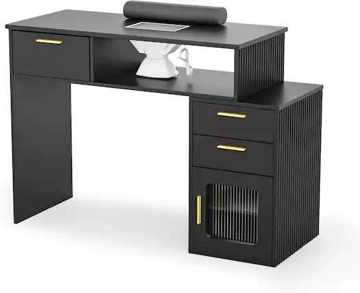 Front. Winado - Professional Manicure Table Nail Desk with Electric Dust Collector & Fluted Glass Display Cabinet & Padded Wrist Cushion - Black.